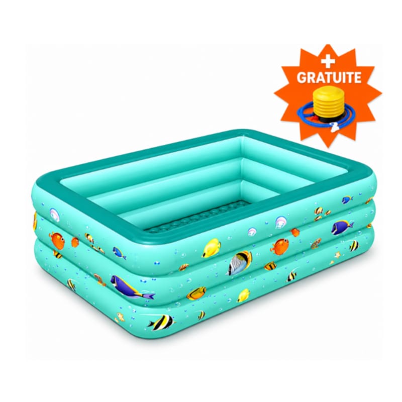 Piscine gonflable familiale de couleur verte dans un jardin